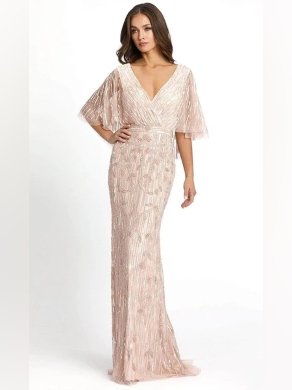 Long Mother of the Bride Cape Dress by Mac Duggal 9064. ($698)